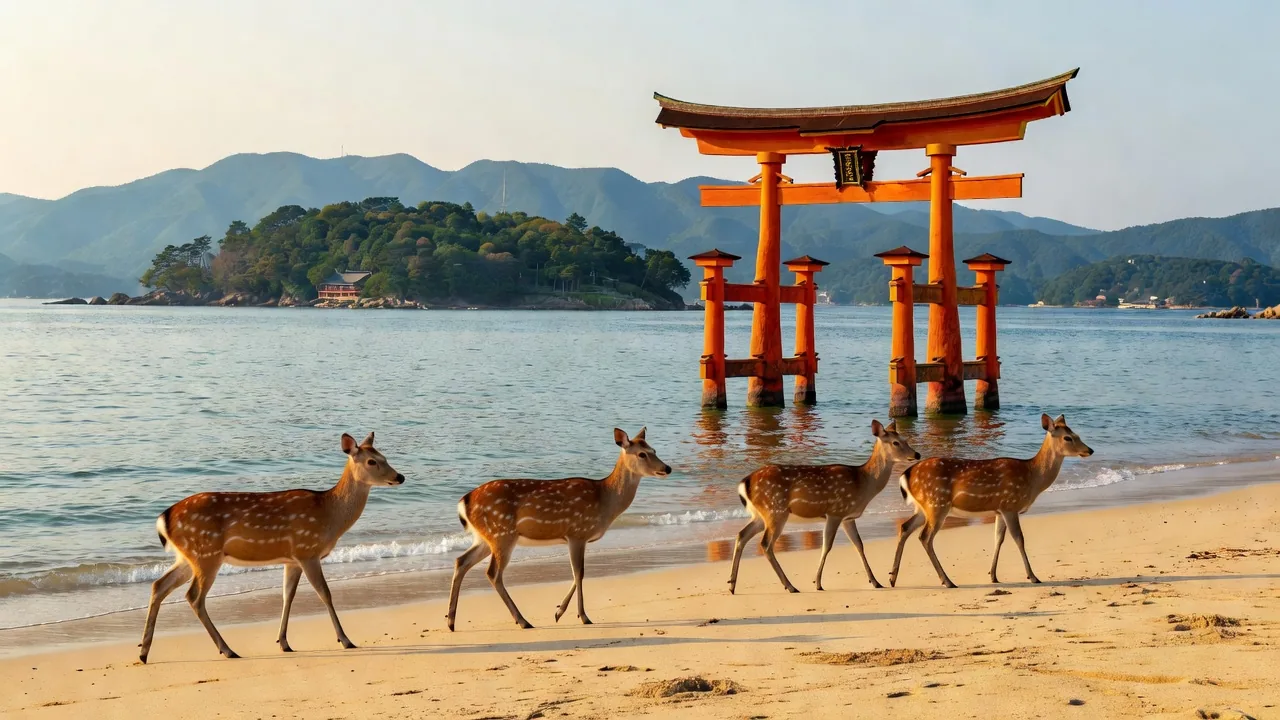 宮島の浜辺と鹿