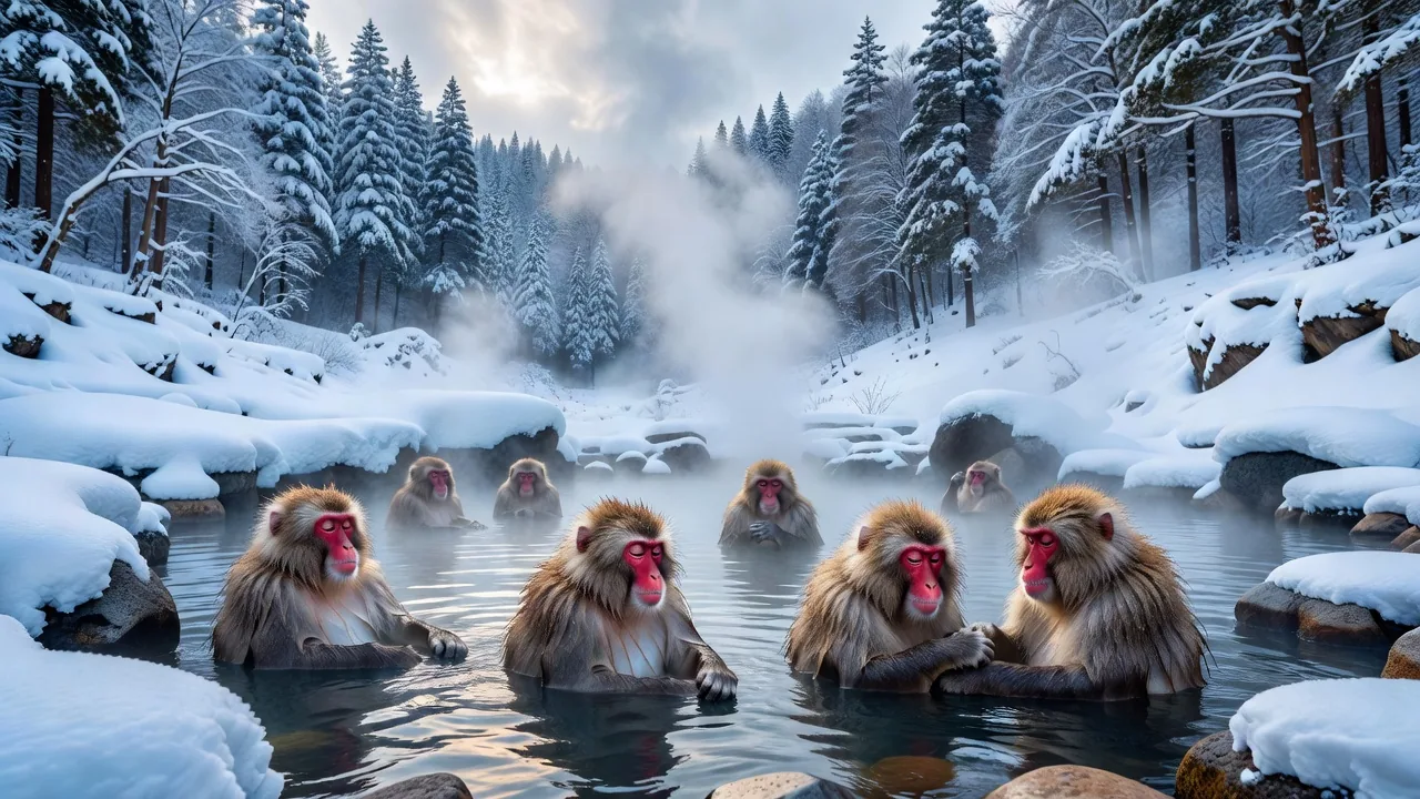 雪と温泉の猿