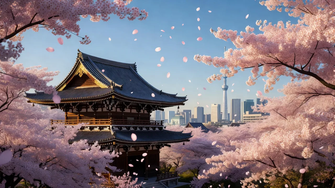 桜と寺院、東京