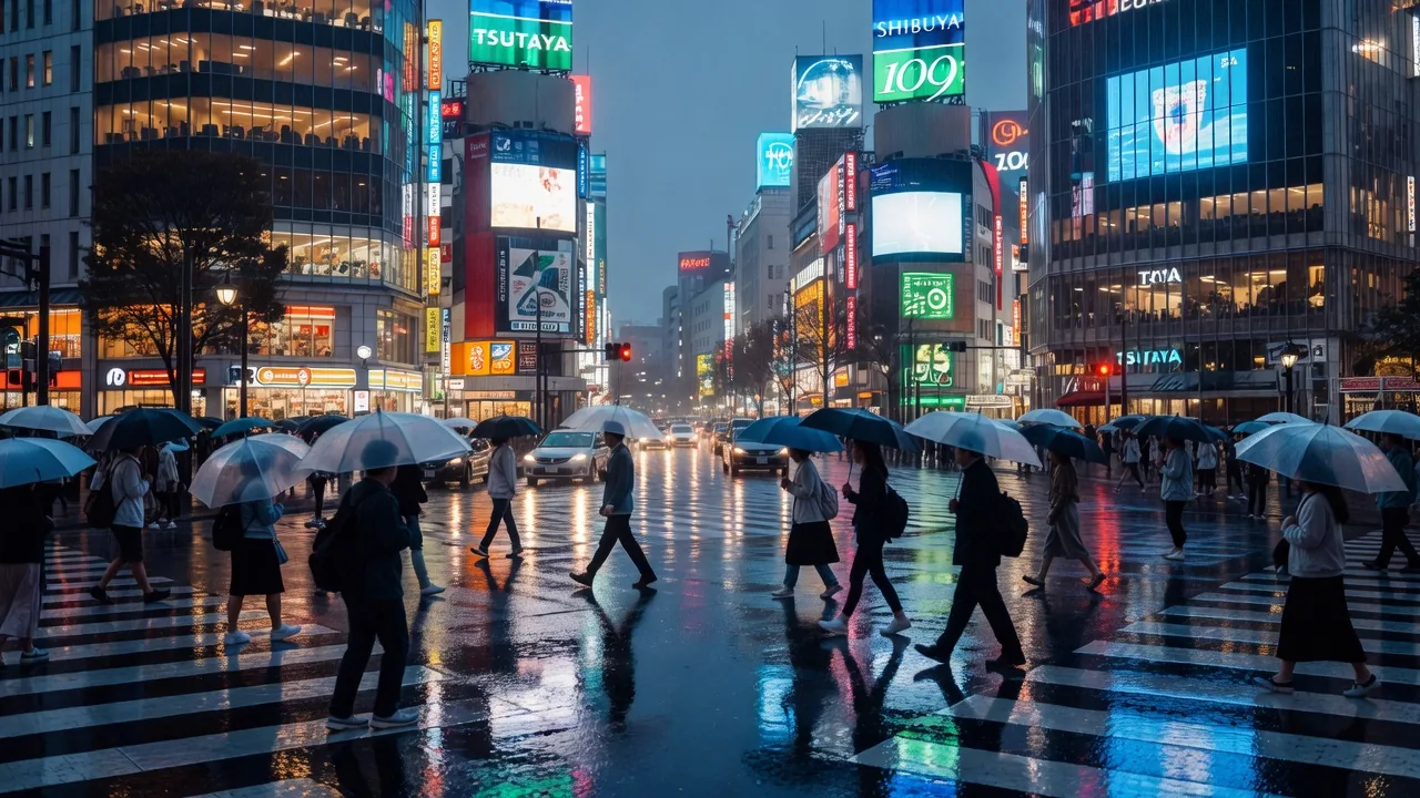 雨の渋谷交差点
